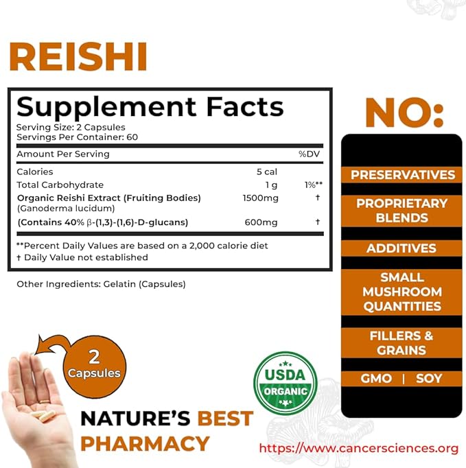 CANCER SCIENCES Reishi Wellness Mushroom Supplement Capsules, USDA Certified Organic Mushrooms Extract, Extra Strength 1,500 mg, High Potency 40% Beta-Glucans, Immune Support, Anti-aging, 120 Capsules