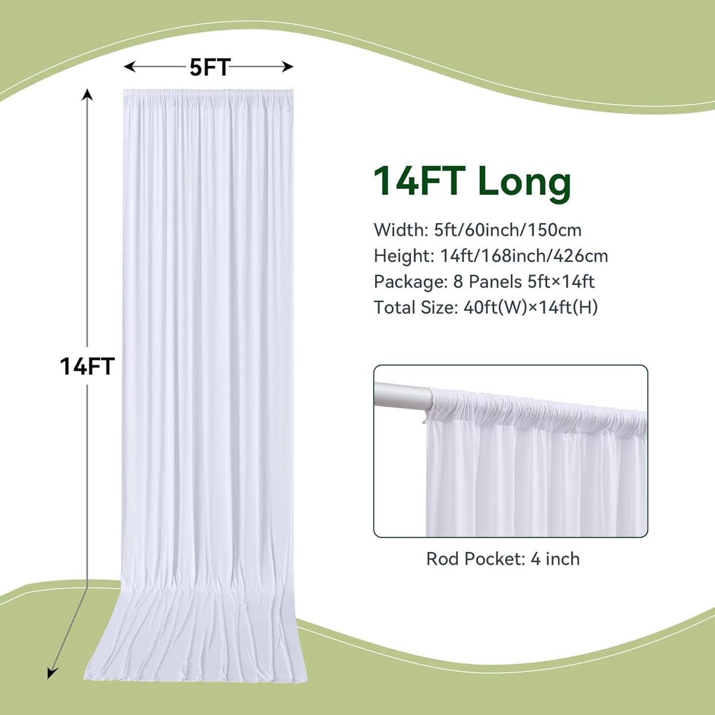 40×14 ft White Wrinkle Free Backdrop Curtain, Soft Silky Polyester Wedding Drapes 8 Panels 14ft Height Photo Backdrop Curtains for Parties Birthday Baby Shower Photography Background Cloth