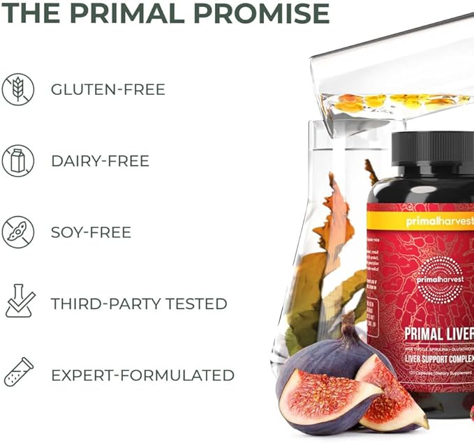 Primal Harvest Primal Liver Liver Supplement with, Alpha-Lipoic Acid, L-Cysteine HCL, L-Glutathione, Milk Thistle, and Spirulina, for Men and Women, 120 Capsules