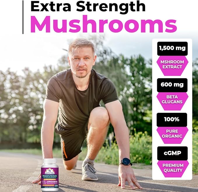 CANCER SCIENCES Women's Wellness Supplement, USDA Certified Organic Mushrooms Extract, Extra Strength 1,500 mg, High Potency 40% Beta-Glucans, Immune & Hormonal Support, Digestive Health, 120 Capsules