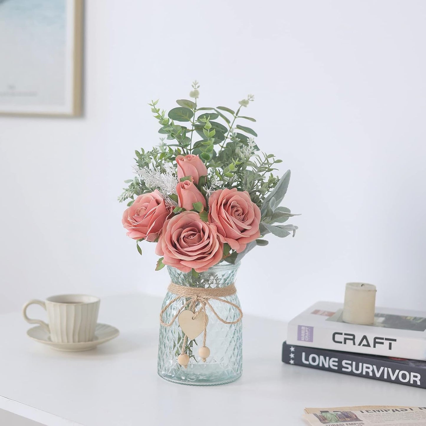 Faux Flowers with Vase,Artificial Silk Roses in Vase, Fake Plant Eucalyptus Flower Arrangement for Home Office Farmhouse Bathroom Dining Table Centerpiece Decorations Coffee Table Decor (Dusty Pink)