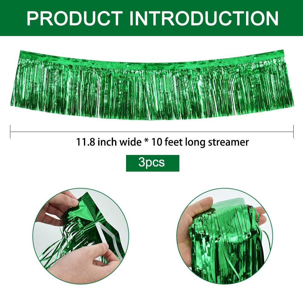 BEISHIDA 3 Packs Metallic Foil Fringe Garland Green Wall Hanging Tinsel Fringe Banner for Halloween Christmas Car Floats Bridal Shower Wedding Birthday Easter Graduation Holiday Party Decoration 30 Ft