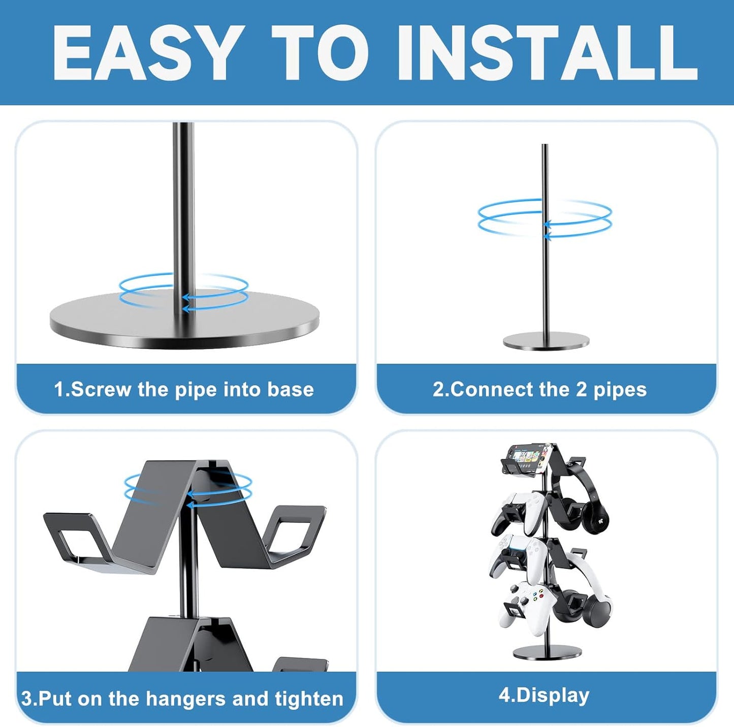 Controller Holder 4 Tier,Headphone Stand - Adjustable Headset Holder for Xbox PS5 PS4 Switch Pro - Gaming Storage for Universal Game Accessories,Desk/Floor(Black)