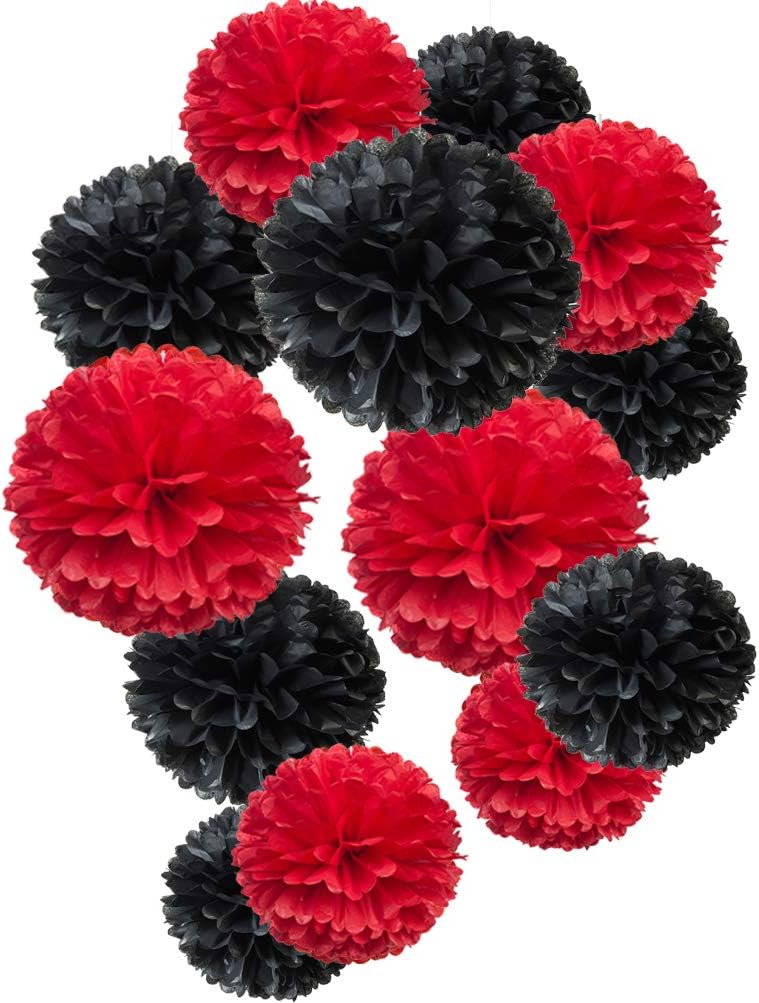 Paper Flower Tissue Pom Poms Party Supplies (black,red,12pc)