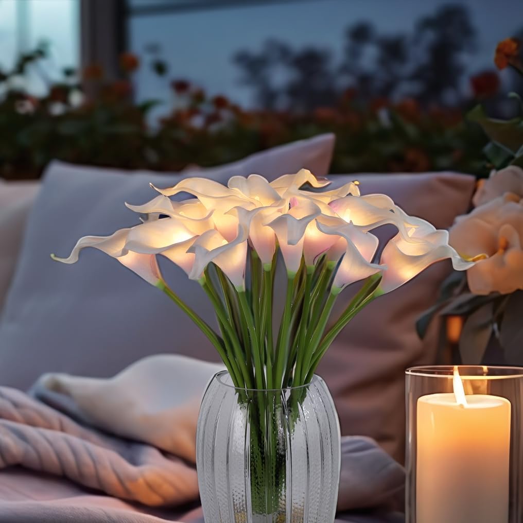20pcs Artificial Calla Lily Bouquet Lamp Faux Floarl Night Light Real Touch Flower Night Lamp LED Calla Lily Artificial Flower Light Home Kitchen Decor(Whitepurple)