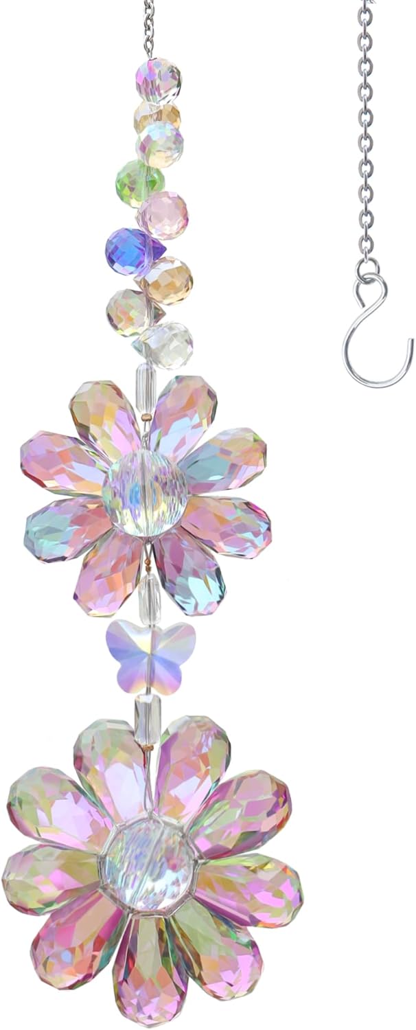 Crystal Flower Suncatcher Hanging Ornament, Rainbow Maker Window Sun Catcher Indoor Outdoor Patio Garden Decor (Purple)