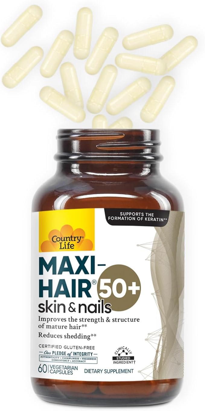 Country Life Maxi-Hair 50+ – Biotin-Based Hair, Skin & Nails Supplement for Women & Men Over 50 | Supports Healthy Hair Growth & Reduced Shedding | Certified Gluten-Free & Vegetarian | 60 Capsules