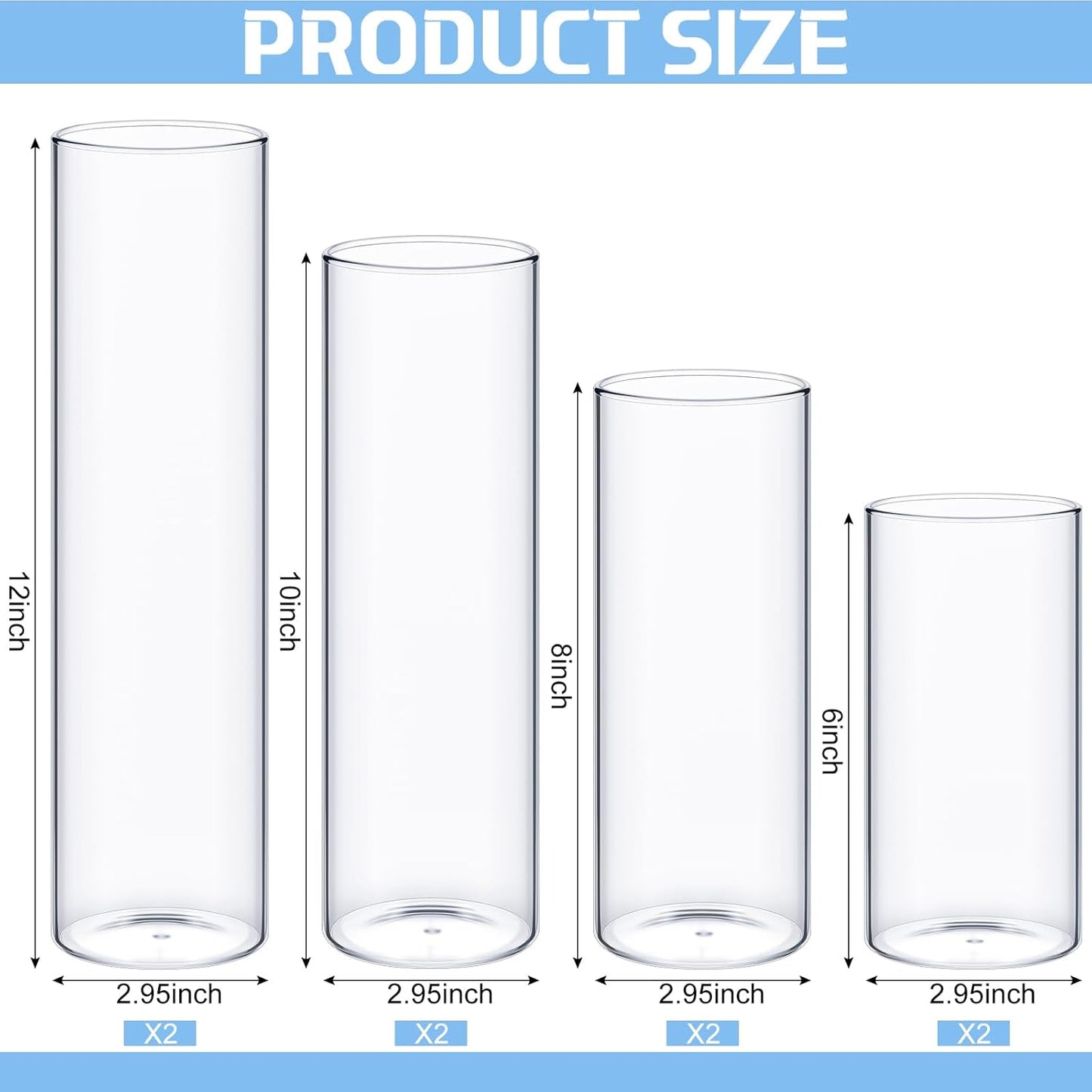Sawysine 8 Pcs Glass Cylinder Vases 2.5''/2.95''/3.9'' Diameter Clear Flowers Vase Hurricane Floating Candles Holders for Table Centerpieces (2.95 x 6 in,2.95 x 8 in,2.95 x 10 in,2.95 x 12 in)