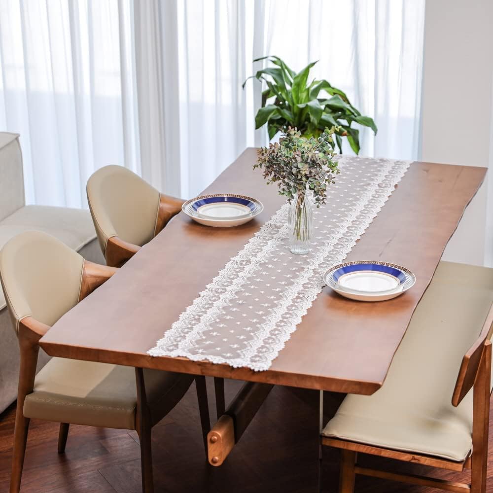 Inicia Table Lace Runner 12×70 inch Embroidered for Holiday Wedding Picnic Daily Dinner Tables White Decor (Polyester, 12"×70" (31cm×180cm))