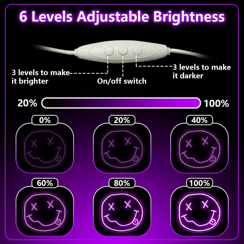 Smiley Face Neon Sign,Melting Smile Face LED Light Signs for Backdrop,Purple Wall Art Decor for Bar Bedroom Kids Room Party Decorations,Gift for Kids Teens Women USB Powered（11.8"*10.8"）