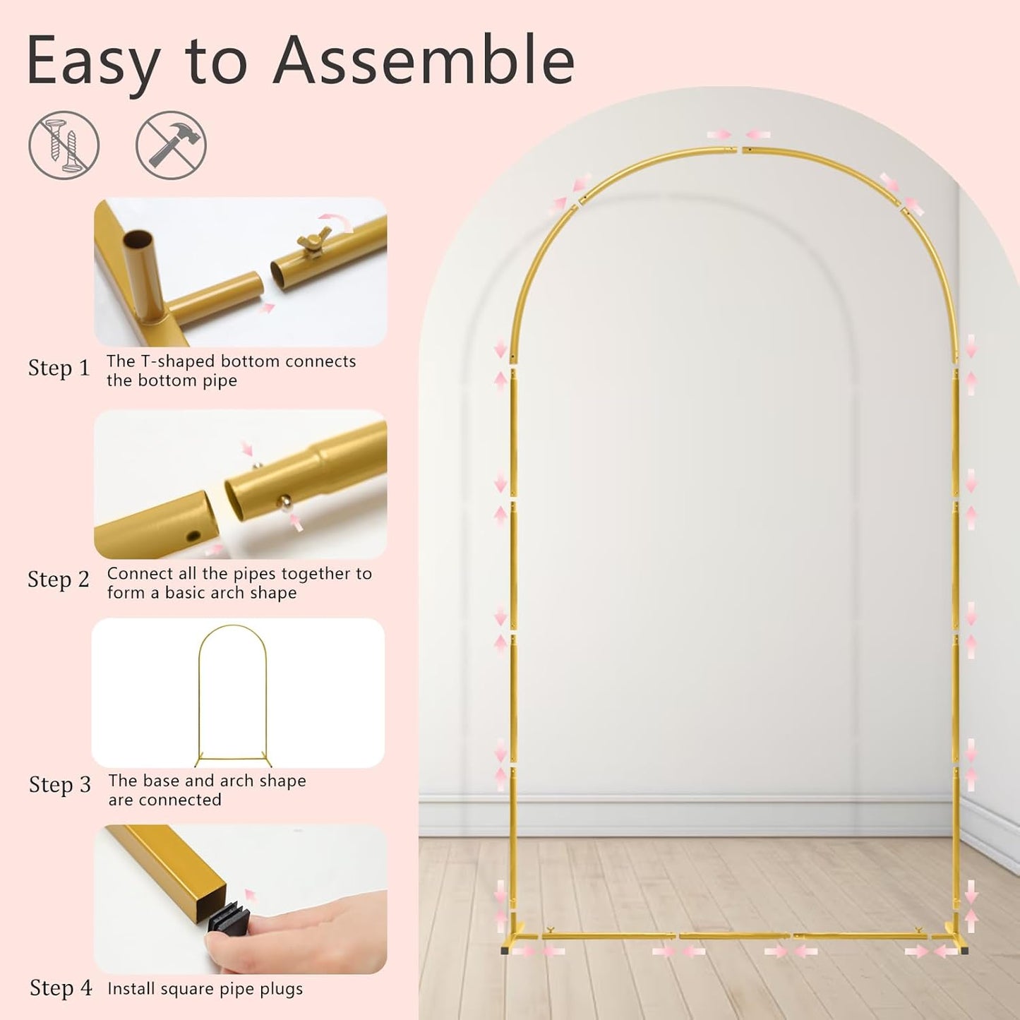 U+U 7.2FT Arch Backdrop Stand, Gold Arch Stand for Wedding Birthday Party Bridal Baby Shower Balloon Arch Decoration