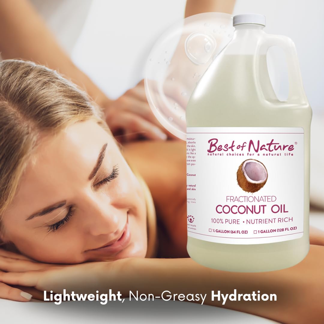 Best of Nature 100% Pure Fractionated Coconut Oil - Liquid MCT Massage & Body Oil, Unscented Moisturizer for Hair, Skin, Face, Aromatherapy Carrier for Essential Oils, Half Gallon (64 fl oz)