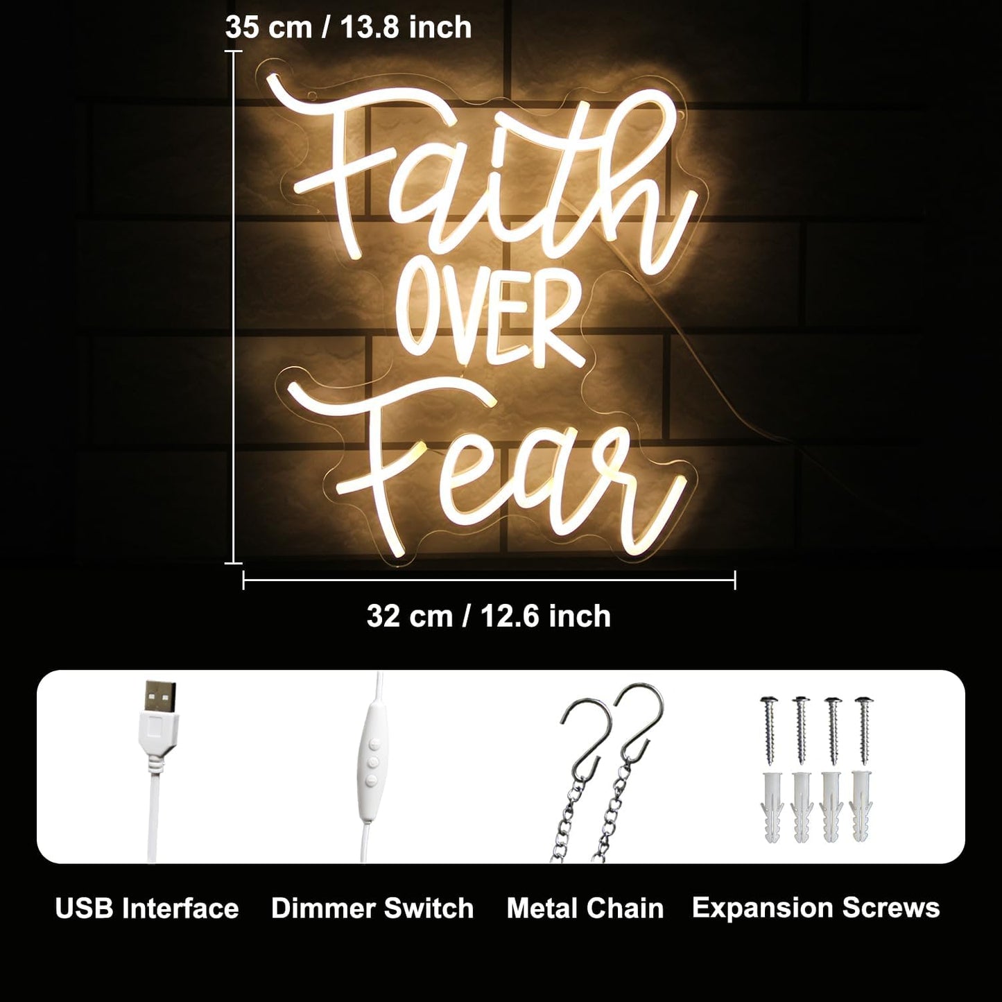 Faith Over Fear Neon Sign Jesus Neon Light Christian LED Signs for Wall Dimmable Warm White Letters Neon Lights Signs for Bedroom Man Cave Classroom Church Decor Christian Religious Sayings