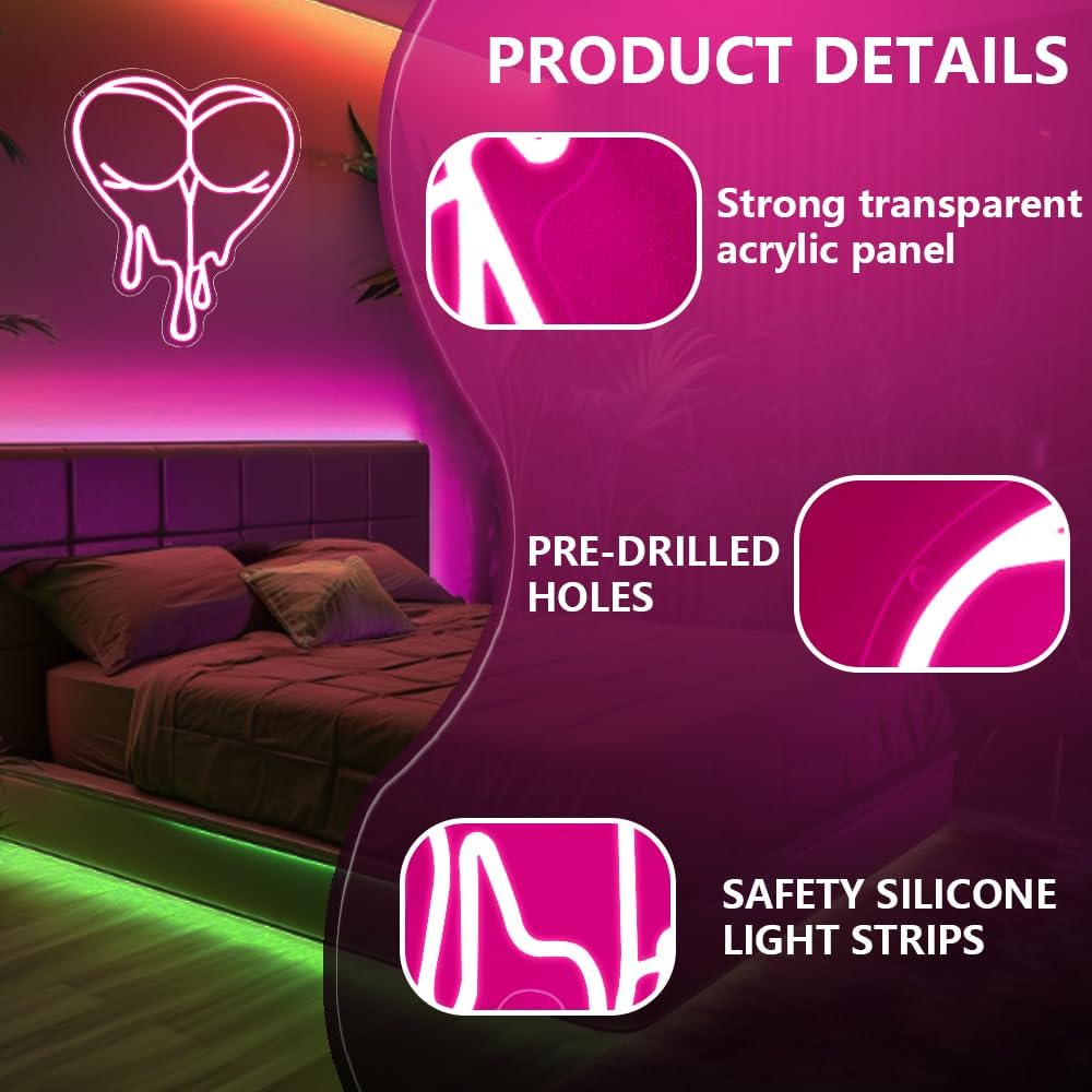 Pink Peach Neon Sign,Lady LED Light Sign for Backdrop,Melting Heart Wall Art Decor for Bar Pub Store Bedroom Club Party Man Cave,Gift for Men Women USB Powered（15"*12.6"）