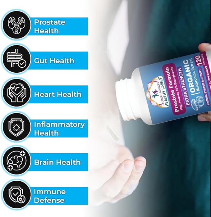 Cancer Sciences Prostate Wellness Supplements for Men, USDA Certified Organic Mushrooms Extract, Extra Strength 1,500 mg, High Potency 40% Beta-Glucans, Immune, Anti-Aging, Antioxidants, 120 Capsules