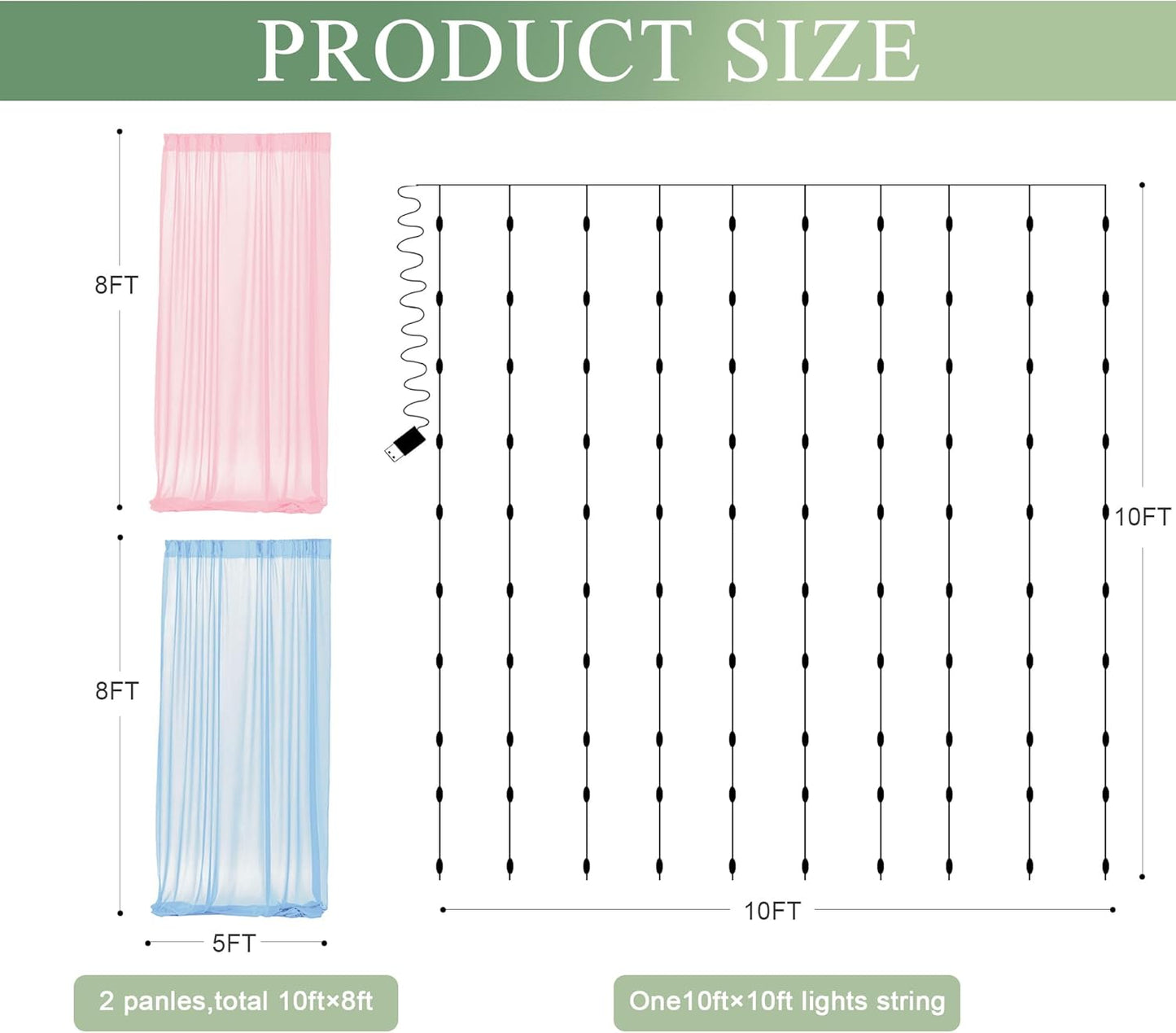 Tulle Backdrop Curtain with Lights String 10FT X 8FT Pink and Blue Sheer Tulle Backdrop Curtains for Wedding Birthday Party Reception Photo Booth Background Decorations (2 Panels 5x8FT)