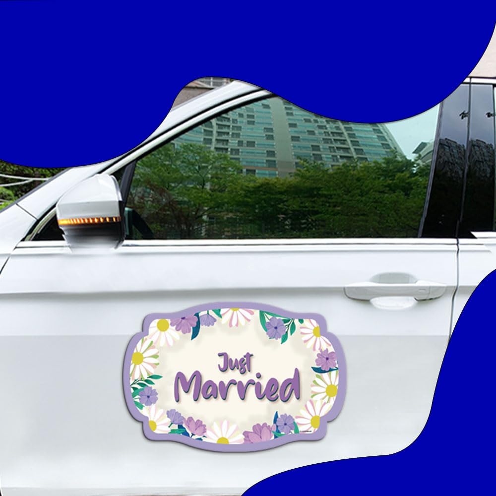 GEEKBEAR Just Got Married Car Magnet (2 Pack) - 13 x 8.7 in (Purple Daisy)