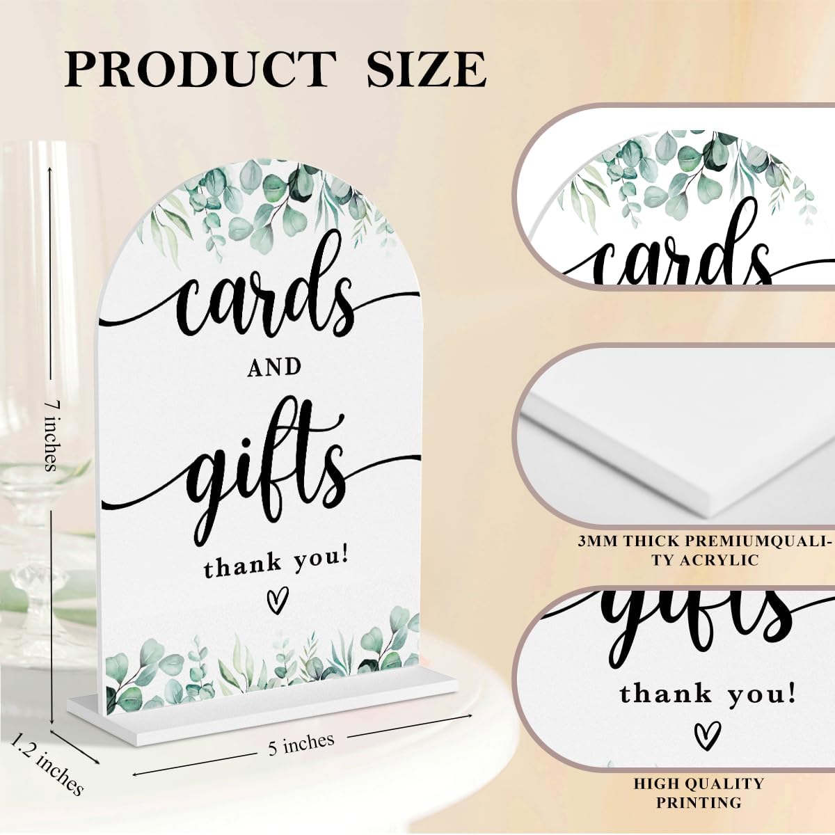 2 Pcs Acrylic Wedding Signs for Reception, Bridal Shower Decorations, Cards and Gifts Signs, Guest Book Sign, Arch Acrylic Table Top Sign with Holder for Wedding Reception (White Eucalyptus Leaves)