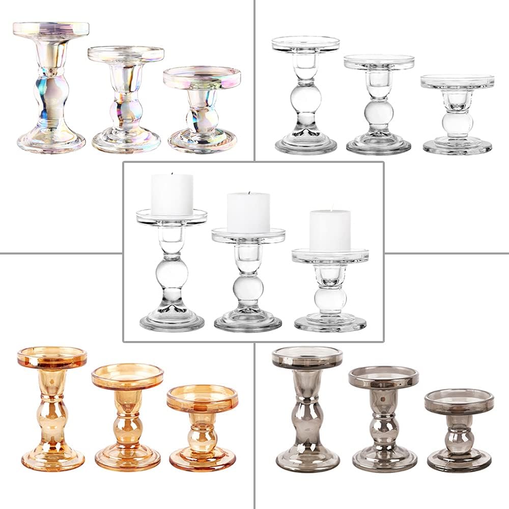 3-Piece Set of Glass Candlestick, Crystal Candlestick Holder Holder and Conical Candle, Christmas Candle Holder Decoration, Family Living Room Wedding Candle Holder (7 Colour)