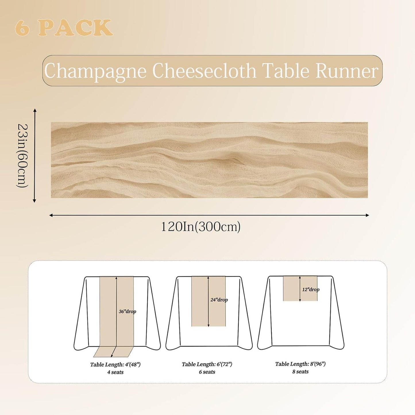6 Pack Beige Cheesecloth Table Runner 23x120 inch Rustic Boho Gauze Table Runner 10 FT Long Sheer Cheese Cloth Fabric Table Runners for Romantic Wedding Bridal Shower Birthday Party Decor