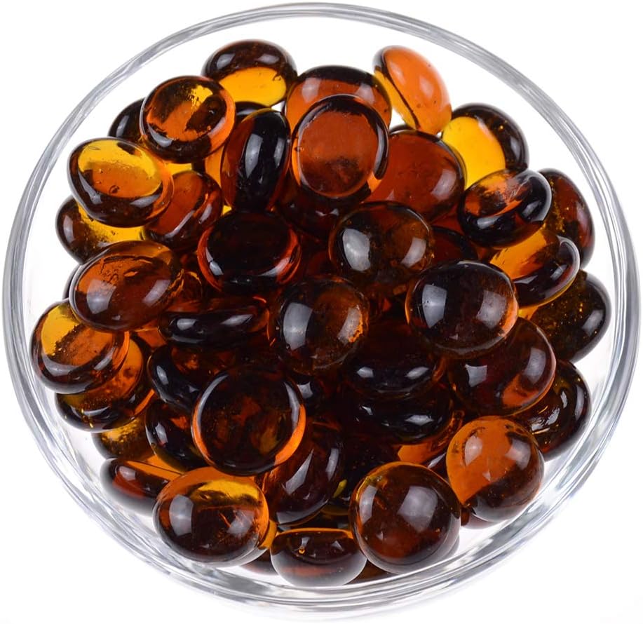 KINGOU Flat Glass Gems/Marbles/Stones/Beads for Vase Filler, Table Scatter, Games - 1 Lbs (17-19mm, Approx. 3/4")-Amber