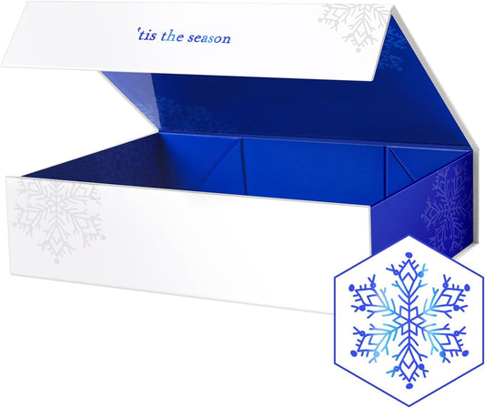 PACKHOME Christmas Gift Box 13x9.7x3.4 Inches, Large Gift Box with Lid, Sturdy Shirt Box with Magnetic Lid for Wrapping Gifts (Blue Snowflake Pattern)