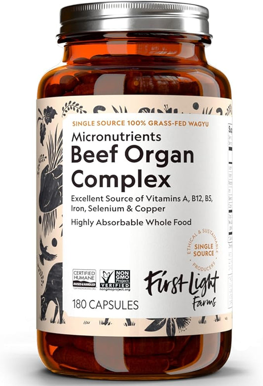 First Light Farms Freeze-Dried Wagyu Beef Organ Supplement Grass-Fed | 180 Capsules | Whole Food Nutrition with Liver, Heart, Kidney & Spleen | Beef Organ Complex, Certified Humane