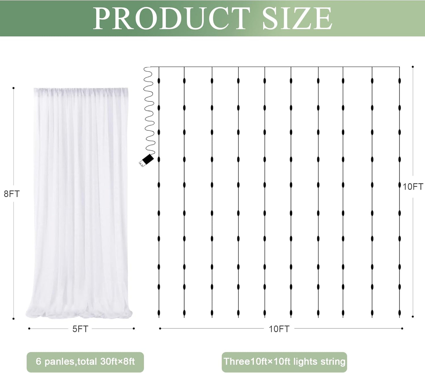 Tulle Backdrop Curtain with Lights String 30 X 8FT White Sheer Tulle Backdrop Curtains for Wedding Birthday Party Reception Photo Booth Background Decorations (6 Panels 5x8FT)