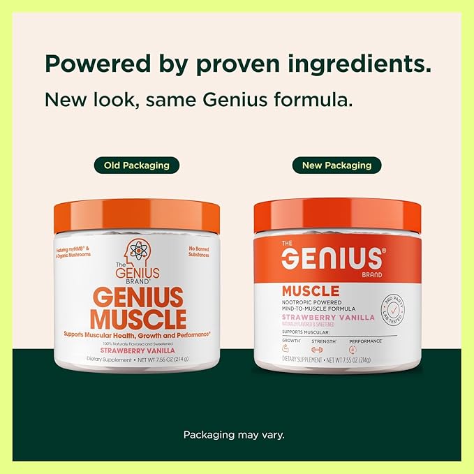 The Genius Brand Genius Muscle - Muscle Health Supplement for Growth, Endurance & Recovery - Non-Hormonal Formula - 6 Organic Mushrooms - Naturally-Sweetened - 30 Servings - Strawberry Vanilla