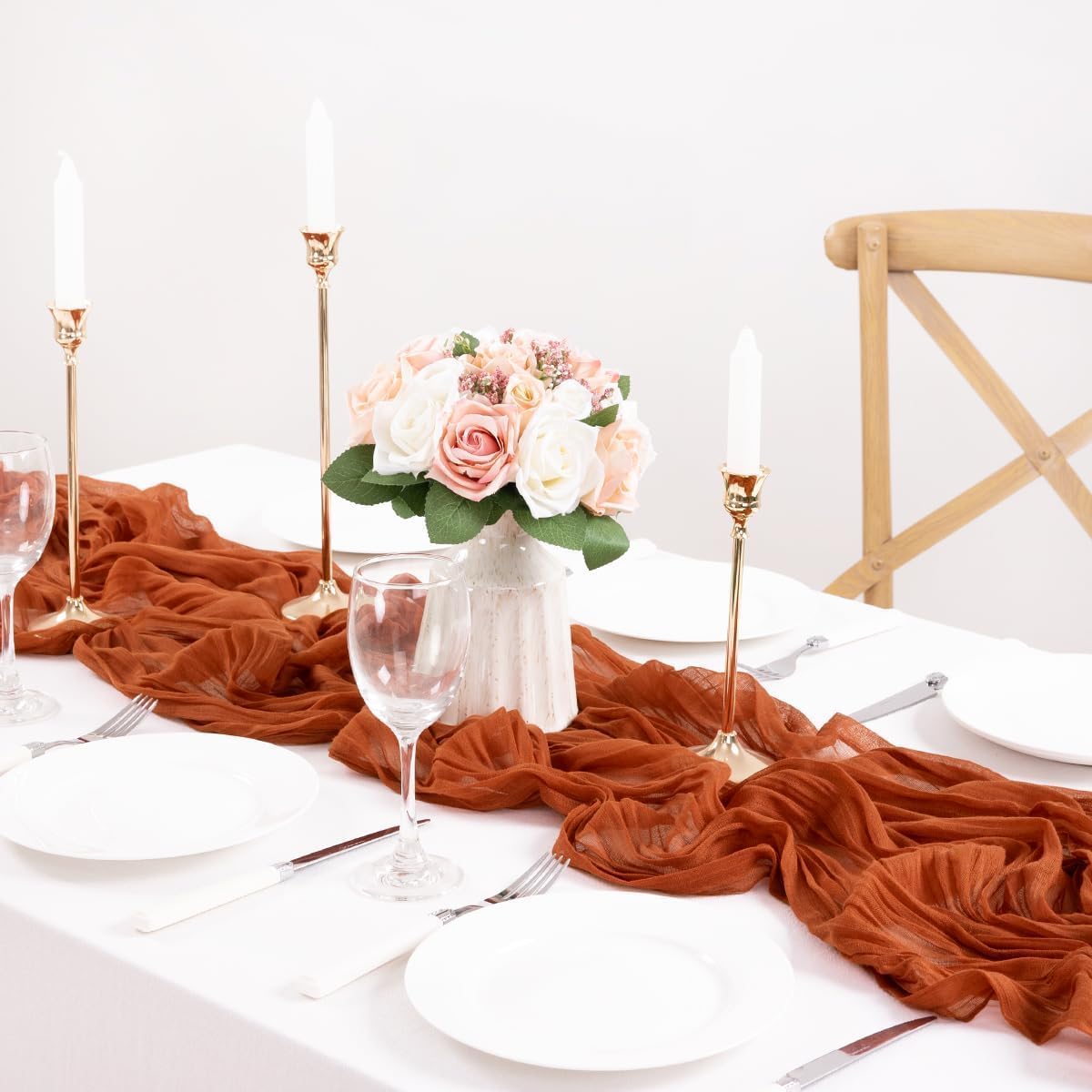 12Pcs Terracotta Cheesecloth Table Runner 120 Inch10FT Terracotta Color Rustic Boho Cheesecloth Table Runnerfor Wedding Party Baby Shower Birthday Home Decor Holiday Decorations