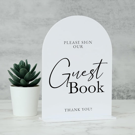White Arch Acrylic Wedding Sign- 5"x7" Guest Book Sign and Base,1/8" Thick | Modern Calligraphy Arched Acrylic Table Sign for Wedding & Event Party
