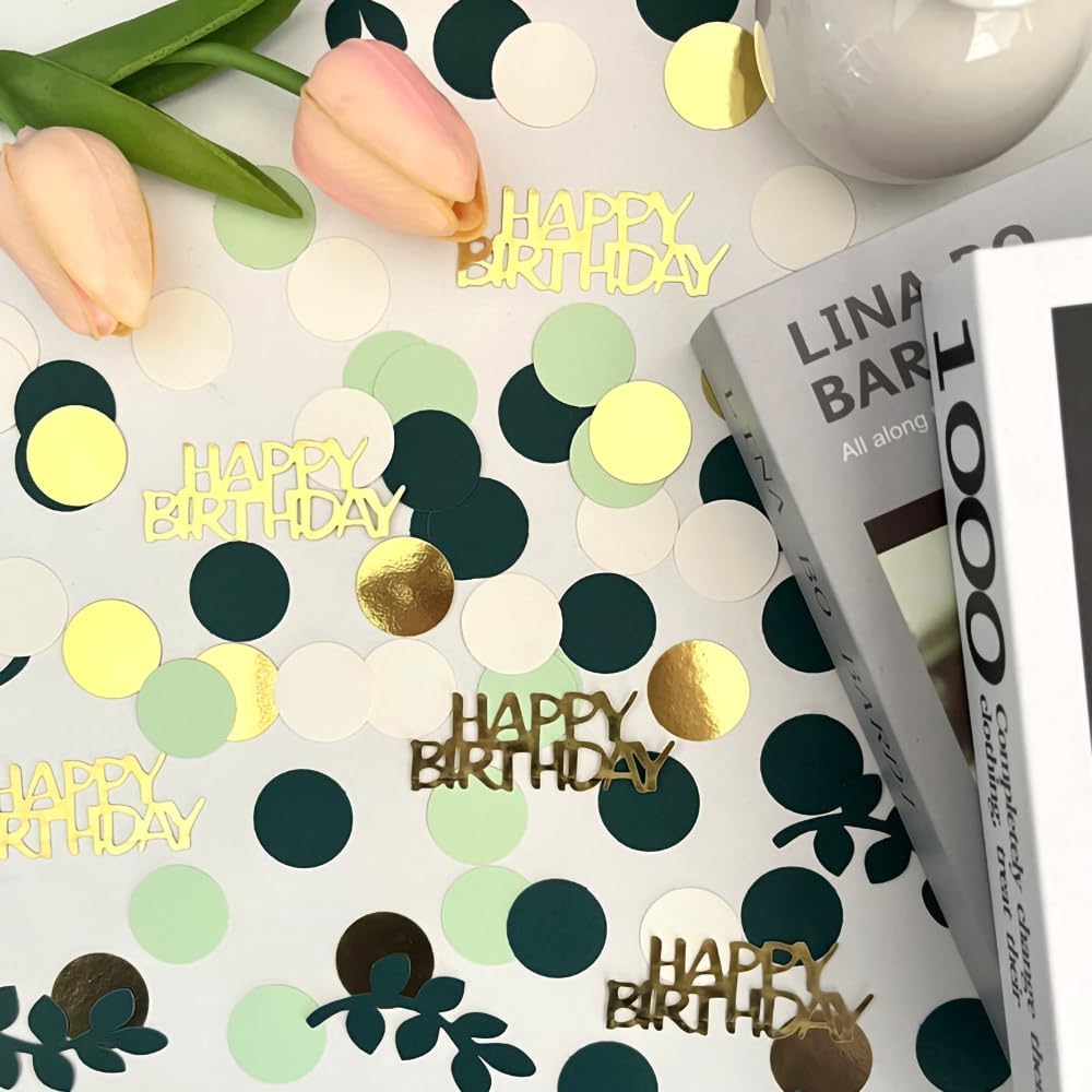 Sage Green Happy Birthday Confetti, Birthday Table Decorations Scatter Green Gold Foil Cake Confetti Decorations for Party, Baby Shower DIY Arts Crafting 230 Pcs