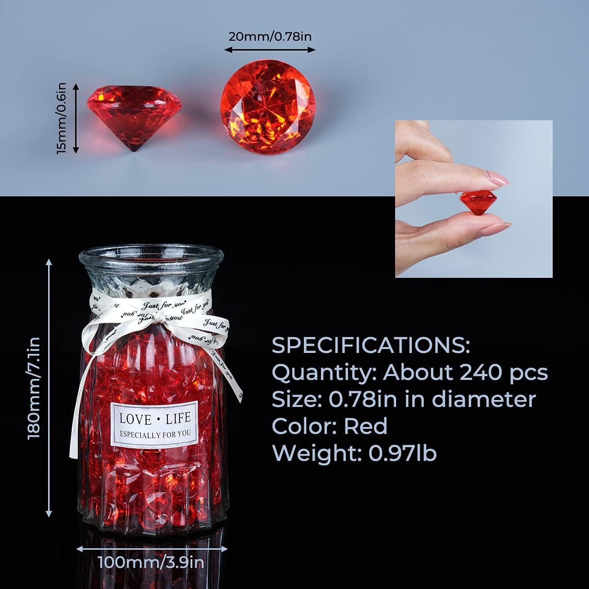 Acrylic Diamond Fake Gems Vase Filler, Babenest 240pcs 3/4 Inch Faux Diamonds Crystals Jewels for Table Scatters Wedding Party Event Arts & Crafts Birthday Decoration Favor (Red)