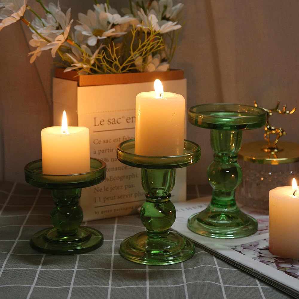 6-Piece Set of Green Glass Candlestick, Crystal Candlestick Holder Holder and Conical Candle, Christmas Candle Holder Decoration, Family Living Room Wedding Candle Holder (green2sets)