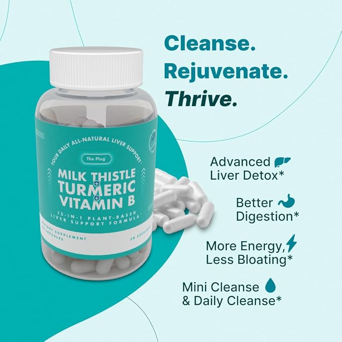 The Plug Liver Cleanse Detox & Repair Pills Milk Thistle Herbal Supplements 60 Capsules Plant Based Minerals Turmeric Vitamin B Dandelion Root for Healthy Digestive Immune Support (30 Servings)