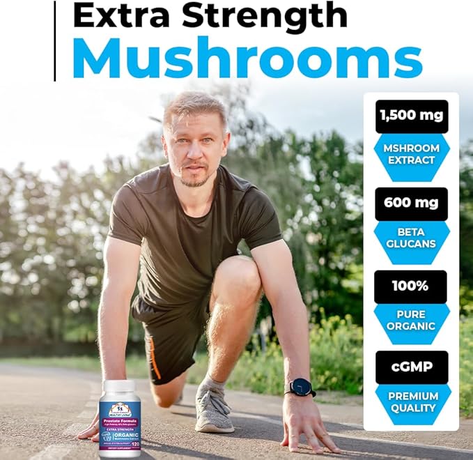Cancer Sciences Prostate Wellness Supplements for Men, USDA Certified Organic Mushrooms Extract, Extra Strength 1,500 mg, High Potency 40% Beta-Glucans, Immune, Anti-Aging, Antioxidants, 120 Capsules