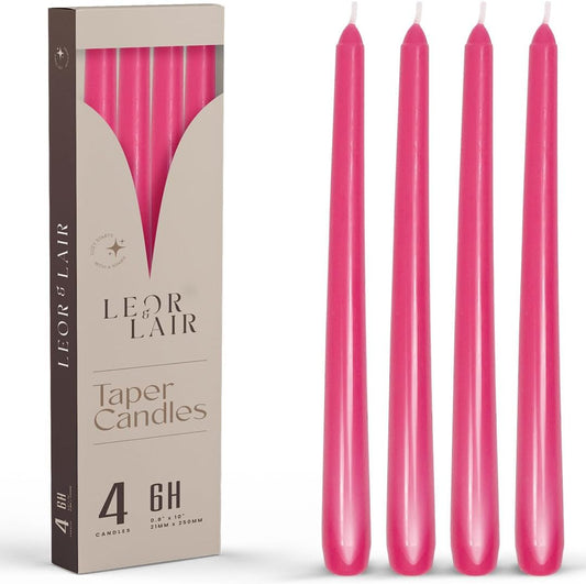 Leor & Lair Pink Taper Candles - 4 Pack 10" Hot Pink Candles - Unscented Long Burning Candlesticks for Birthday Parties, Summer Dining, Weddings & Home Decoration