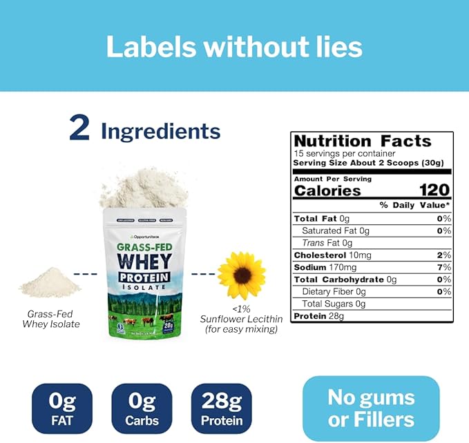 Opportuniteas Grass Fed Whey Isolate Protein Powder - Unflavored 28g Protein Powder Without Artificial Sweeteners, Hormone-Free Cows, Non GMO - 1lb