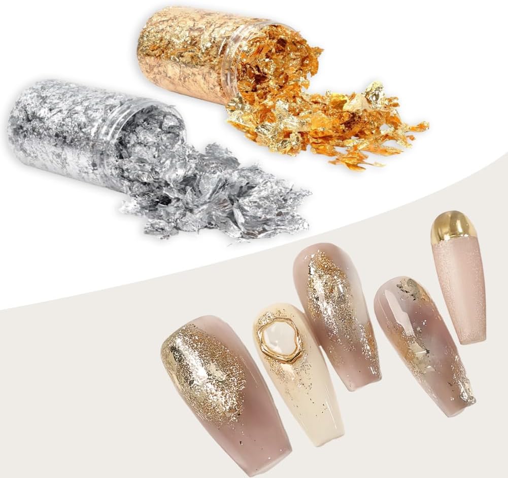 Gold Flakes for Resin, 2 Bottles 10g Imitation Golden Foil Gilding Flake Metallic Leaf for Cake Decoration Chocolate Making Nails Painting Art Crafts with Bamboo Tweezers (Gold, Silver Colors)