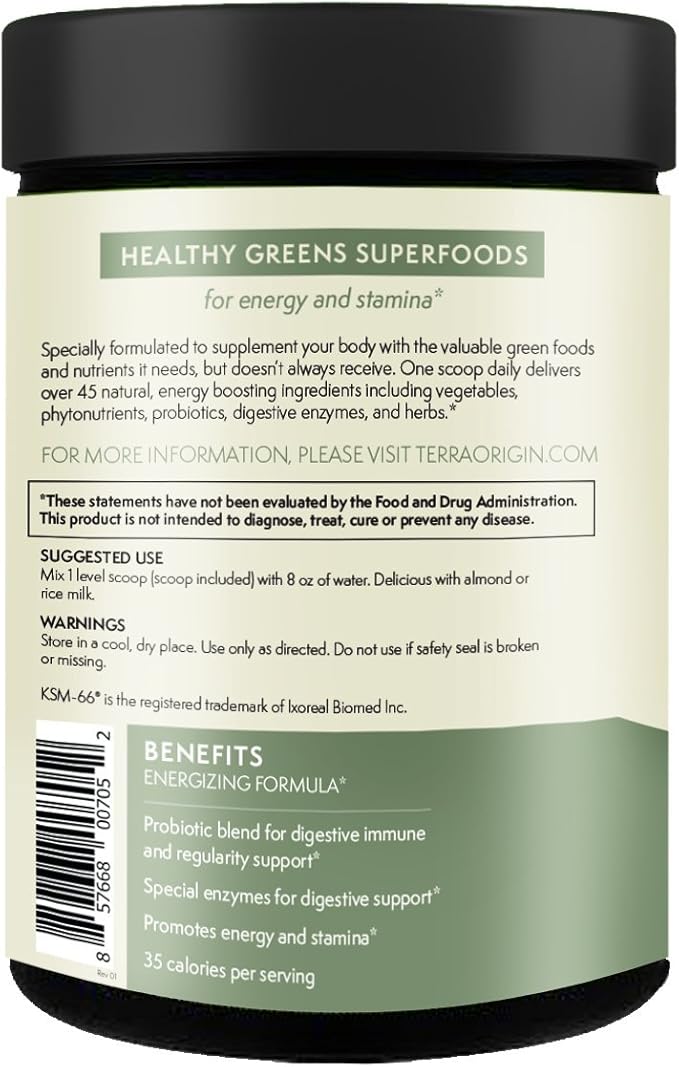 TERRA ORIGIN Healthy Superfood Greens Powder Drink with Probiotics & Ashwagandha | Adaptogen & Digestive Enzyme Fruit and Veggie Blend | for Gut Health, Energy, Immune Support | 30 Servings | Mint