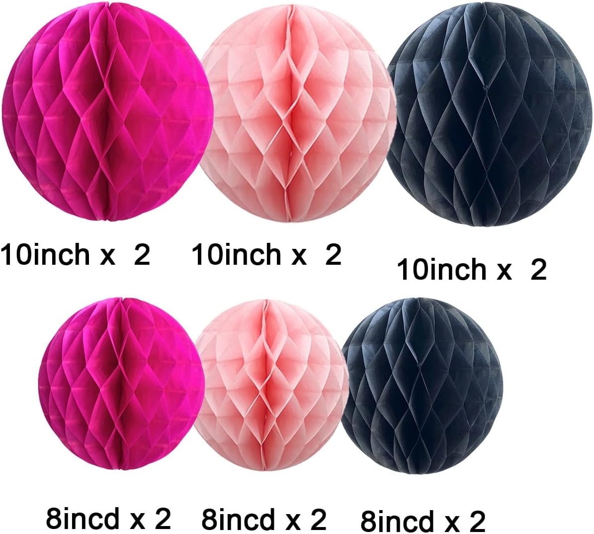 CC wonderland zone 12pcs Hot Pink and Black Paper Honeycomb Balls,6" & 10" Hanging Tissue Pom poms for Birthday Party Decoration