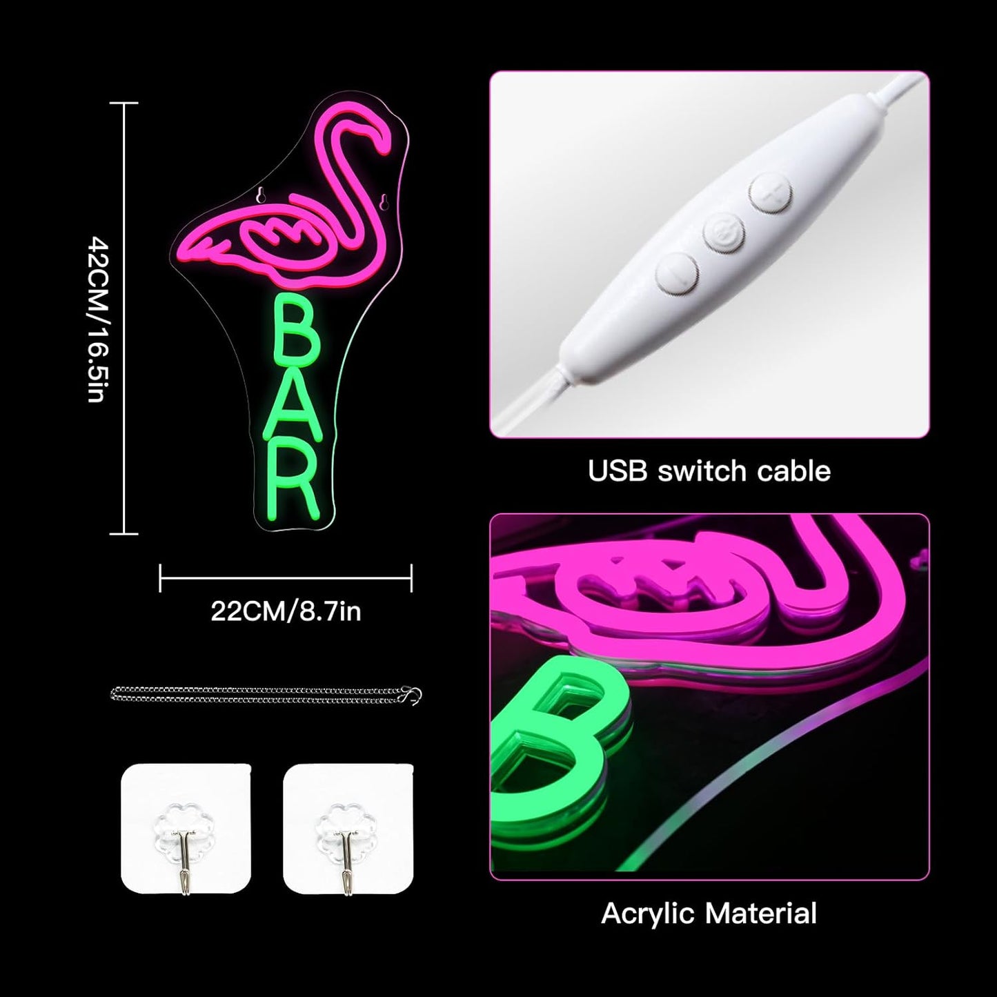 Lucunstar Flamingo Bar Neon Sign,LED Light Up Sign for Wall Decor Dimmable USB Powered Animal Neon Light for Bar LED,Man Cave,Art Signs Decor Gifts