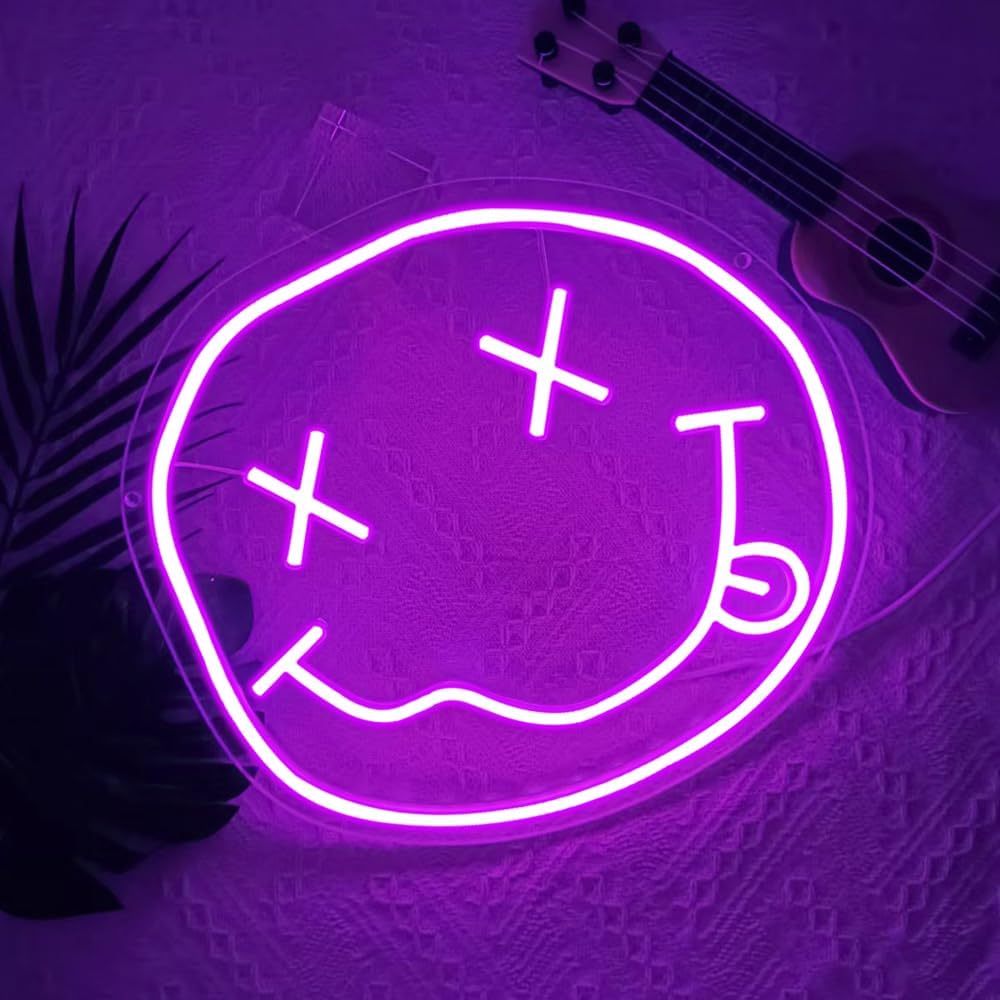 Smiley Face Neon Sign,Melting Smile Face LED Light Signs for Backdrop,Purple Wall Art Decor for Bar Bedroom Kids Room Party Decorations,Gift for Kids Teens Women USB Powered（11.8"*10.8"）
