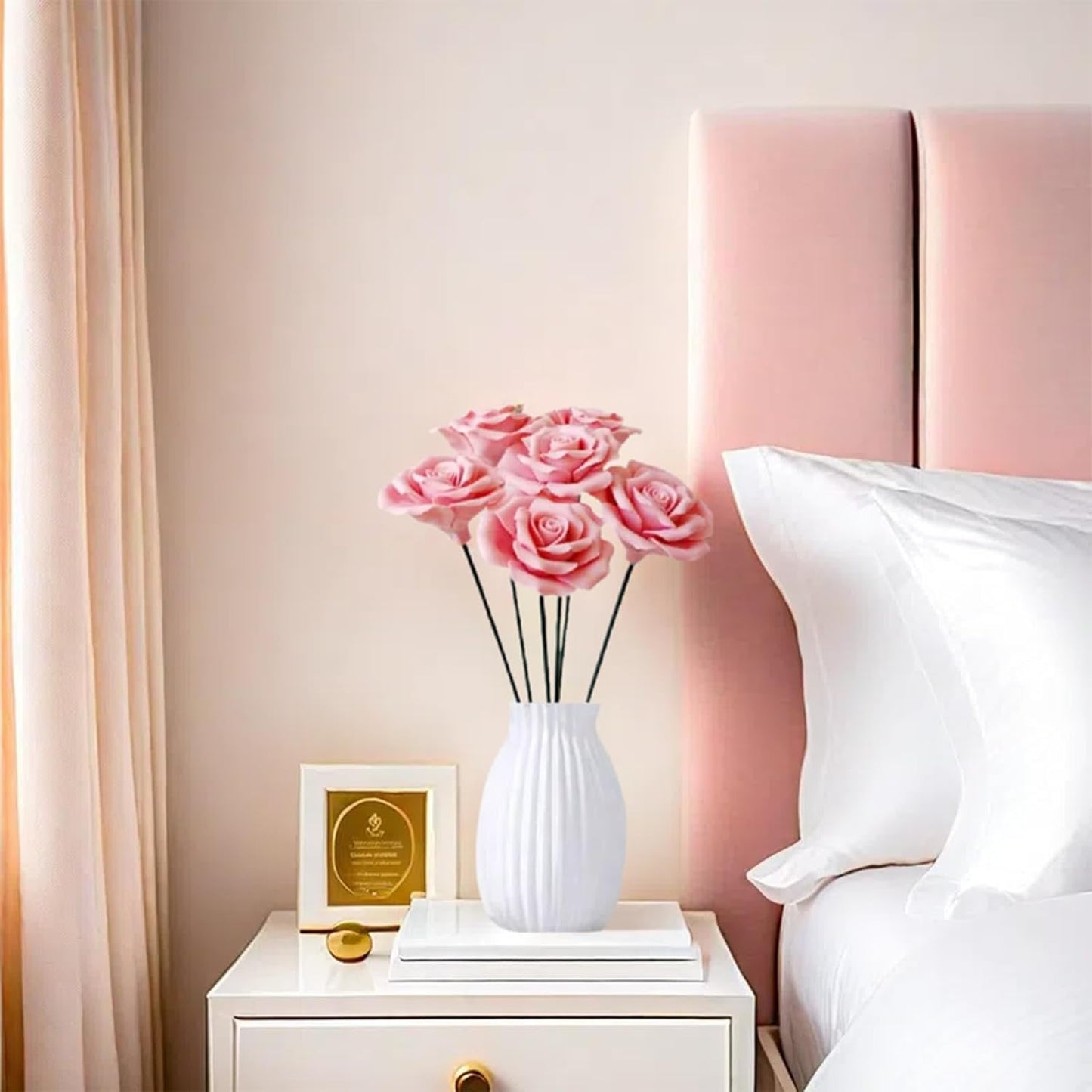 6 pcs Handmade Ceramic Roses,Featuring Vibrant Colors and Intricate Petal Details Floral Decorations Wedding Decoration Christmas Decor Gift Providing Long-Lasting Beauty (Pink)