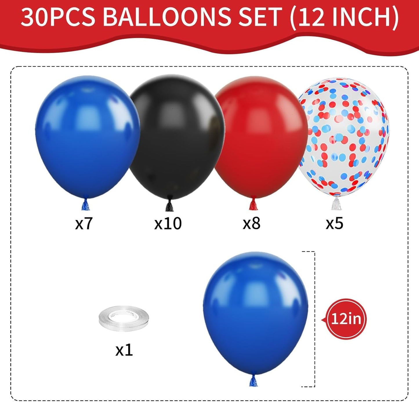 Red Blue Black Balloon Set, 12 Inch Matte Red Black and Royal Blue Latex Balloon with Red Blue Confetti Balloons for Party Boys Birthday Shower Graduation Party Decorations