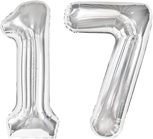 Silver Number 17 Birthday Balloon 40 Inch, Digital Balloons for 17 71 Party Celebration Decorations Supplies, Mylar Foil Numbers Balloon for 17 Wedding Anniversary