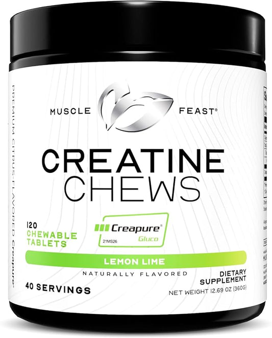 Muscle Feast Creatine Monohydrate Chewables - Vegan & Gluten-Free Creapure Creatine Chews for Men & Women - Delicious Citrus-Flavored Creatine Tablets for Muscle Building - Lemon Lime, 120 Tabs