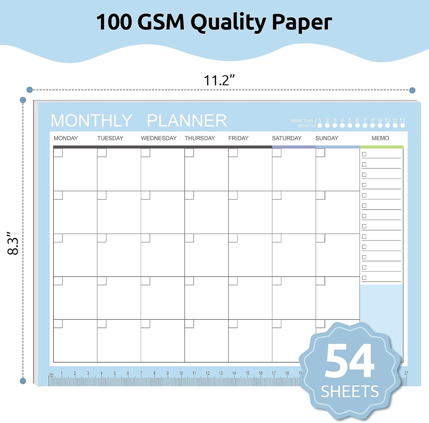 Phyxin Undated Planner, 54 Sheets Blank Calendar, 11.2" x 8.3" Monthly Calendar Planner, Tear Off Undated Monthly Planner with Memo for Women, Students, Teachers, Blue