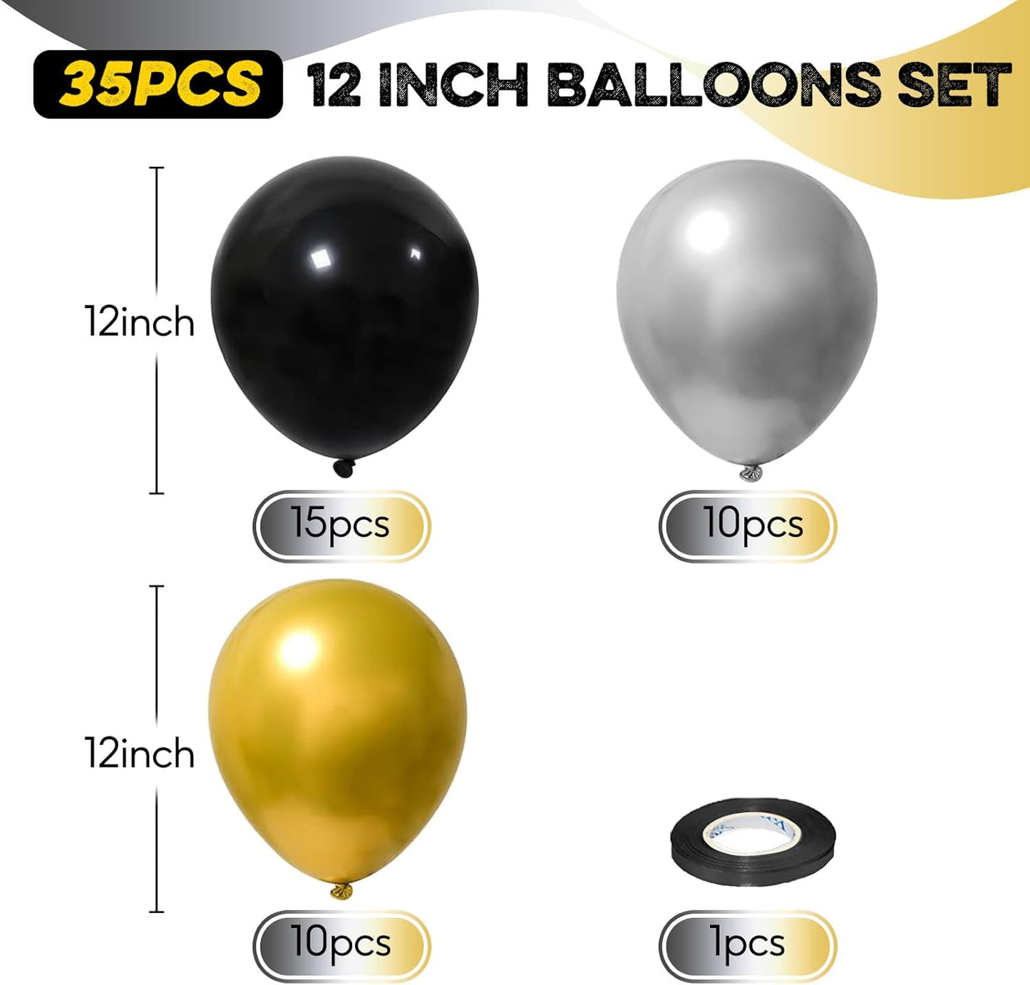 Black and Gold Balloons Set, 12 Inch Black Gold Silver Balloon New Year Eve Party Decoration Black Silver Latex Balloons for New Year Party Birthday Wedding Graduation Banquet Decoration