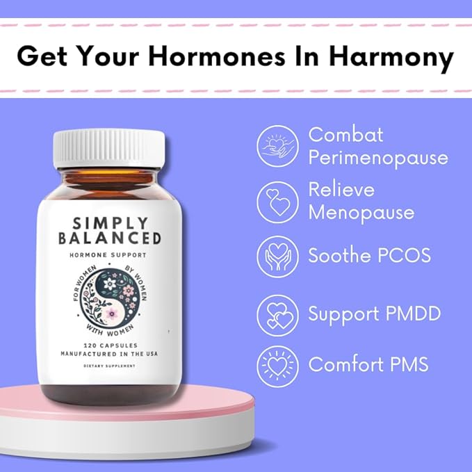 Simply Balanced – Hormone Balance for Women – Restore Hormone Harmony – PMDD Supplements for Women – Perimenopause – Menopause – Cortisol Reducer – PMS – PCOS Supplements – 120 ct